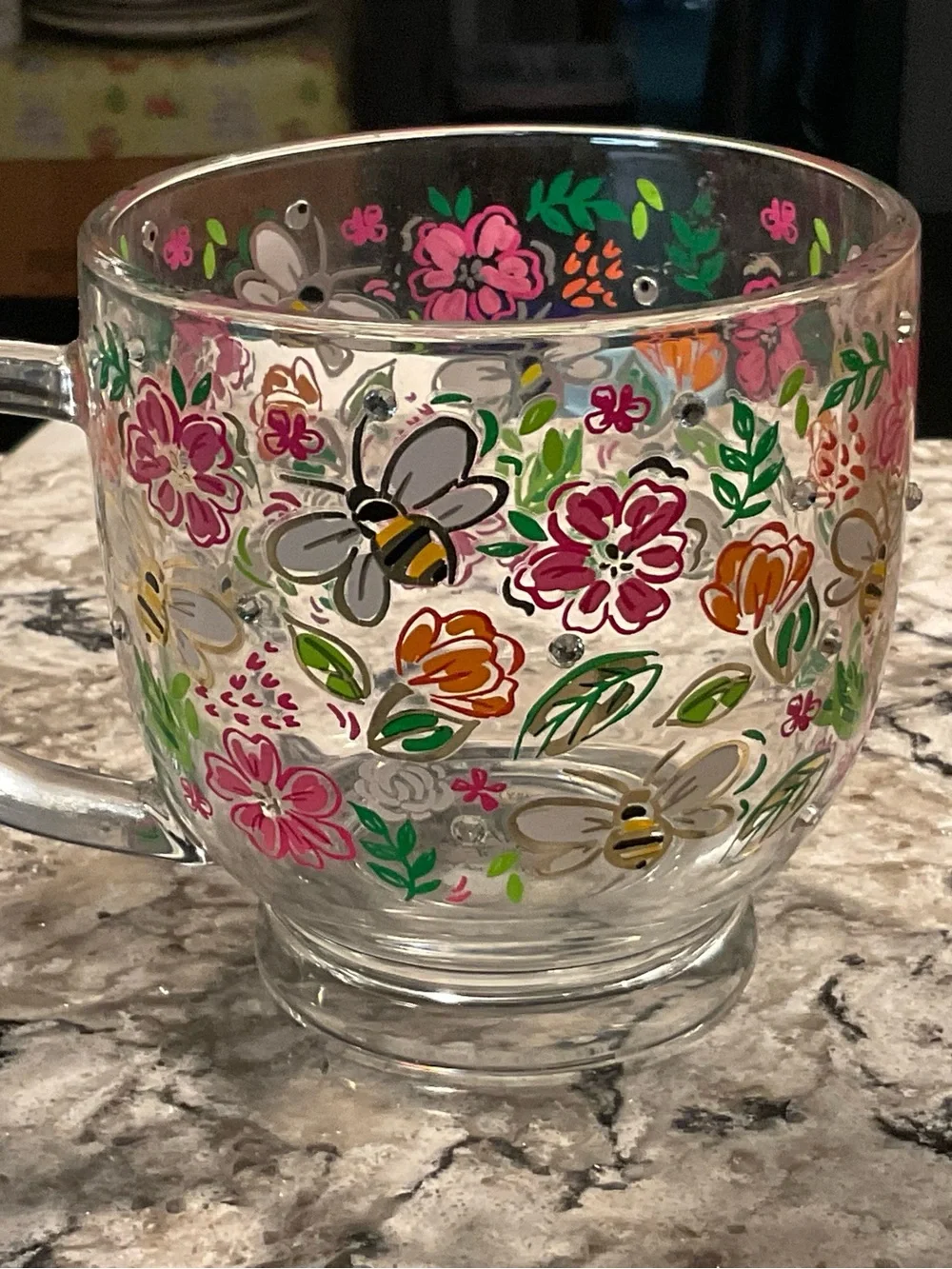 BP-HAND-PAINTED-LUNA &SAGE GLASS BUMBLE BEE-FLORAL GLASS MUG